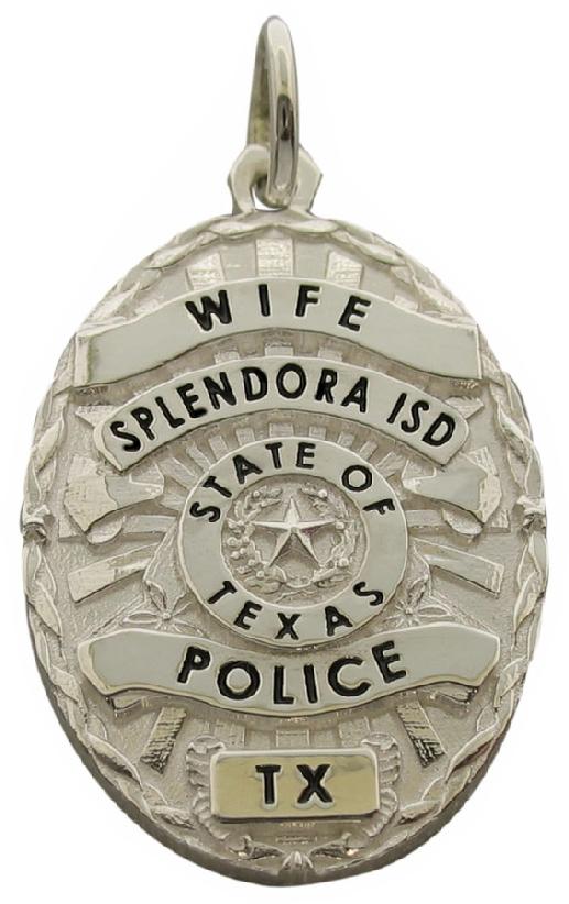 Custom Splendora ISD Police Officer badge pendant in sterling silver with black enamel text.