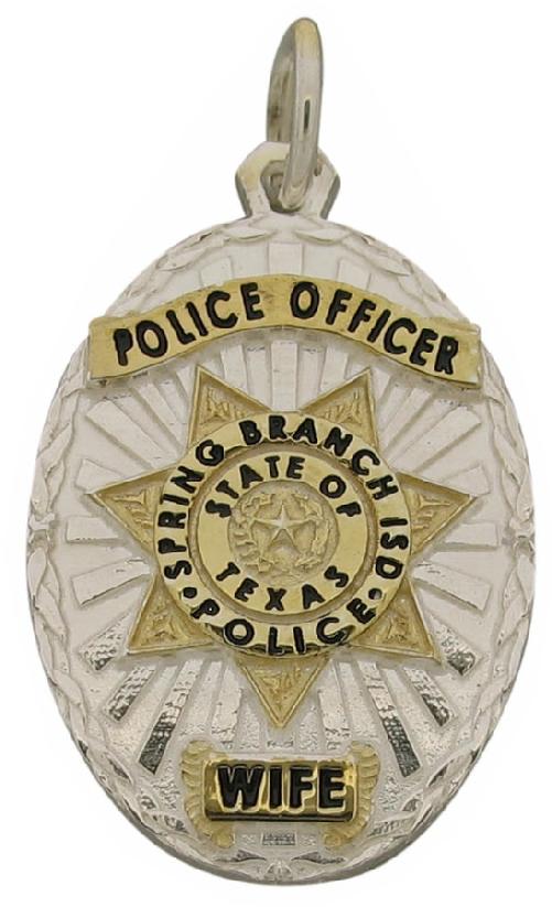 Custom Spring Branch TX ISD Police Officer badge pendant in sterling silver with gold plated two tone finish and black enamel text.