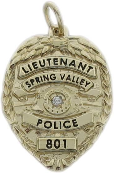 Spring Valley, Texas TX Police Lieutenant custom badge pendant in 14k yellow gold with a round brilliant diamond center stone