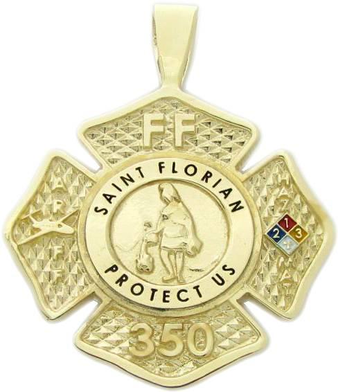 Custom Saint Florian Maltese Cross Firefighter Hazmat pendant in 14k yellow gold.