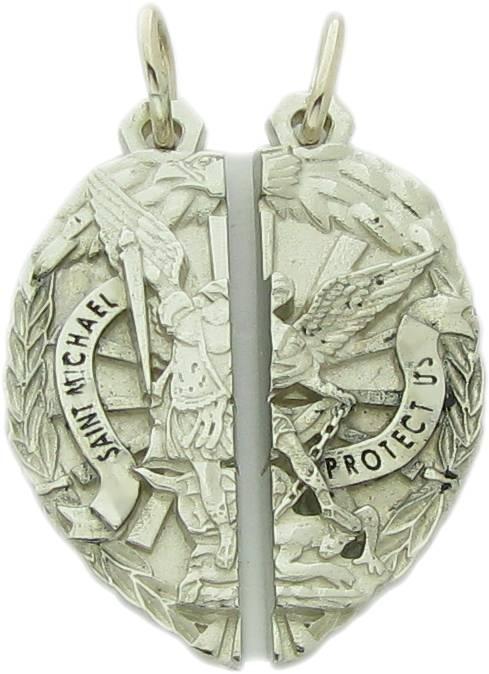 Custom St. Michael 2-piece badge pendant in 10k white gold.