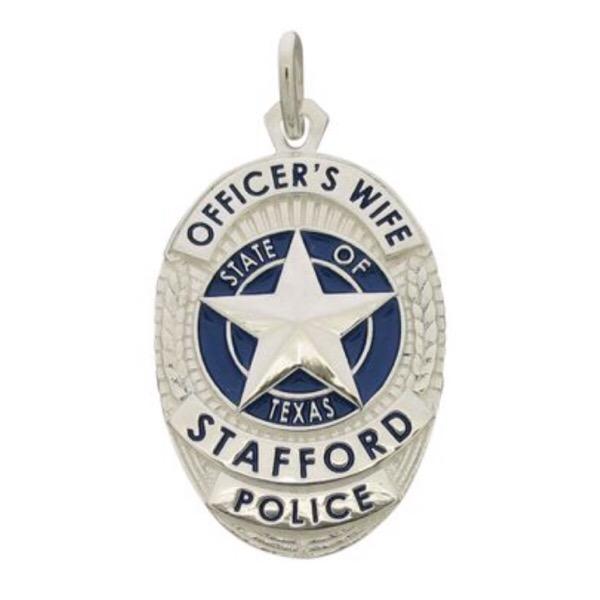 Custom Stafford TX Police Officer badge pendant in sterling silver with blue enamel background and text.