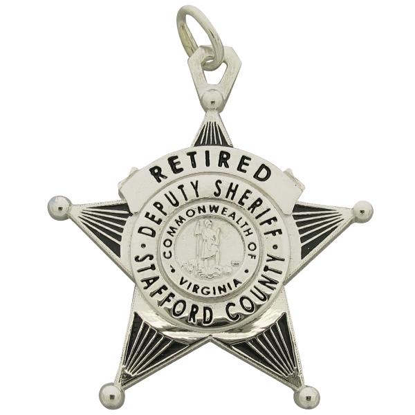 Custom Stafford County VA Sheriff's Deputy badge pendant in sterling silver with black enamel.