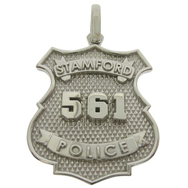 Custom Stamford CT Police Officer badge pendant in 10k white gold.