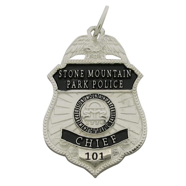Custom Stone Mountain GA Park Police Chief's badge pendant in sterling silver with black enamel.