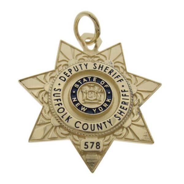 Custom Suffolk NY Sheriff's Deputy badge pendant in 14k yellow gold with enamel.