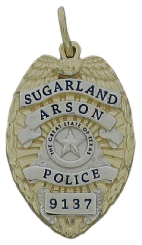 Custom Sugar Land Police Arson Investigator badge pendant