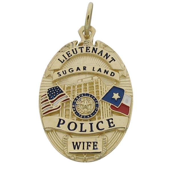 Custom Sugar Land TX Police Lieutenant badge pendant in 14k yellow gold.