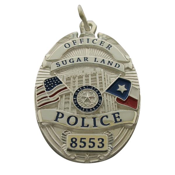 Custom Sugar Land TX Police Officer badge pendant in sterling silver with red, white, and blue enamel and standing letter seal bezel.