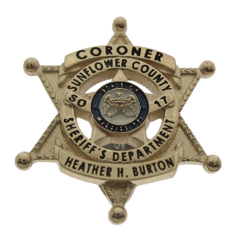 Custom Sunflower (MS) Sheriff's Department Coroner badge lapel pin in 10k yellow gold with enamel text and seal bezel.