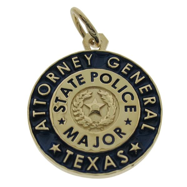 Custom Texas Attorney General State Police Major badge pendant in 14k yellow gold with standing letter detail and blue enamel.
