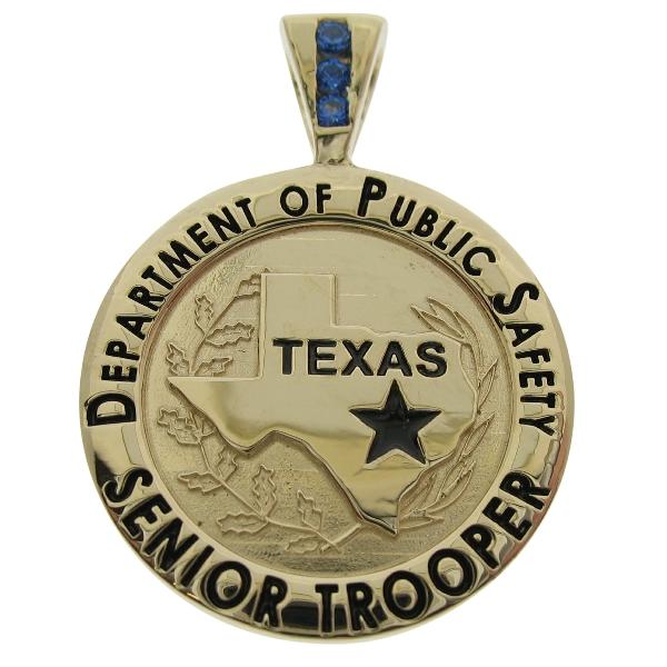 Custom Texas Department of Public Safety Senior Trooper badge pendant in 14k yellow gold with 3-stone bail with blue birthstones.