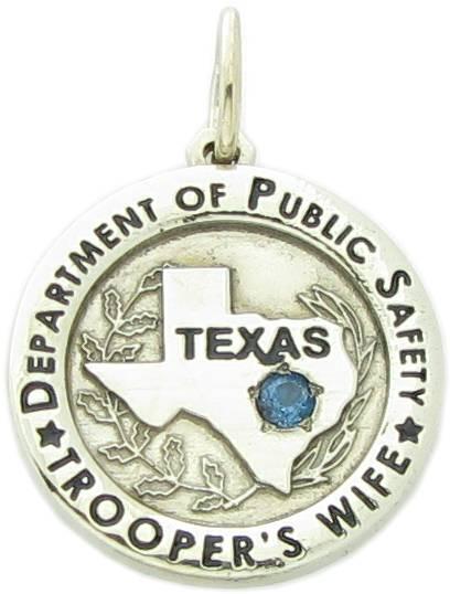 Custom Texas Department of Public Safety Trooper badge pendant in 14k white gold with optional genuine blue topaz stone.