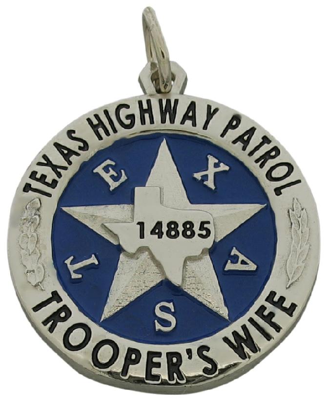 Custom Texas Highway Patrol Trooper badge pendant in 10k white gold with blue and black enamel.