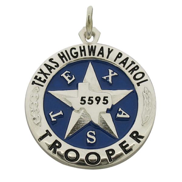 Custom Texas Highway Patrol Trooper memorial badge pendant in sterling silver with blue and black enamel.