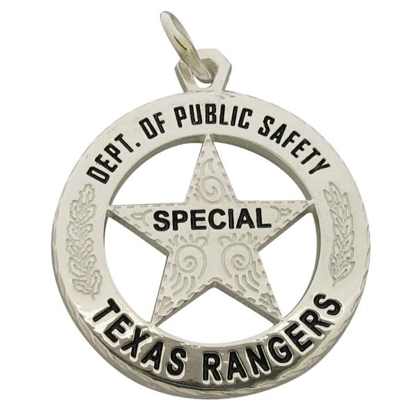Custom Texas Rangers badge pendant in sterling silver with black enamel.