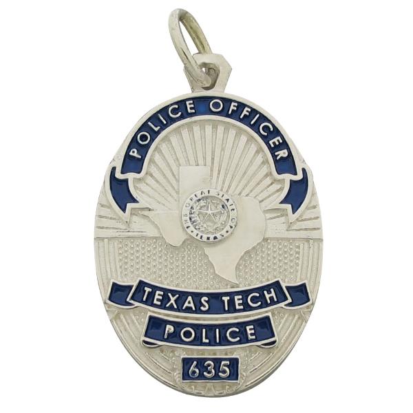 Custom Texas Tech University Police Officer memorial badge pendant in sterling silver with blue enamel.
