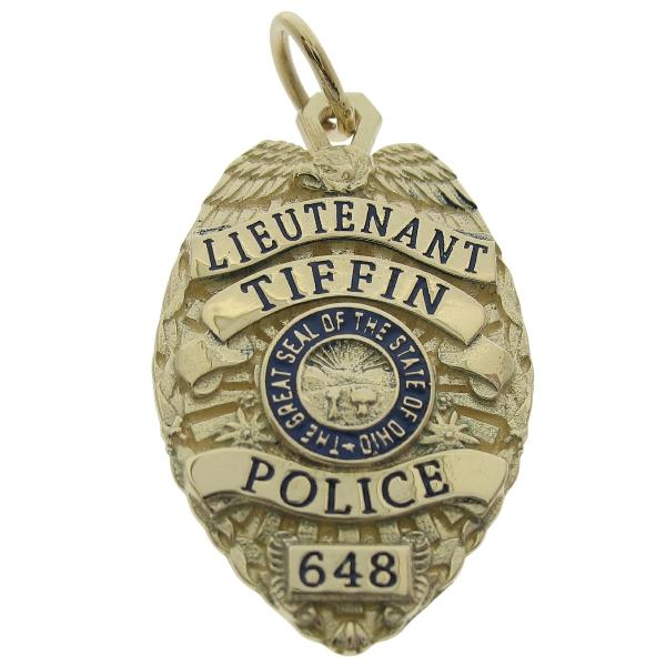 Custom Tiffin OH Police Lieutenant badge pendant in 10k yellow gold with blue and black enamel.