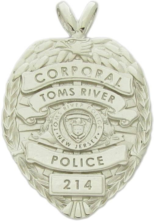 Custom Tom's River, New Jersey Police Corporal badge pendant in 14k white gold with optional "Y" bail.