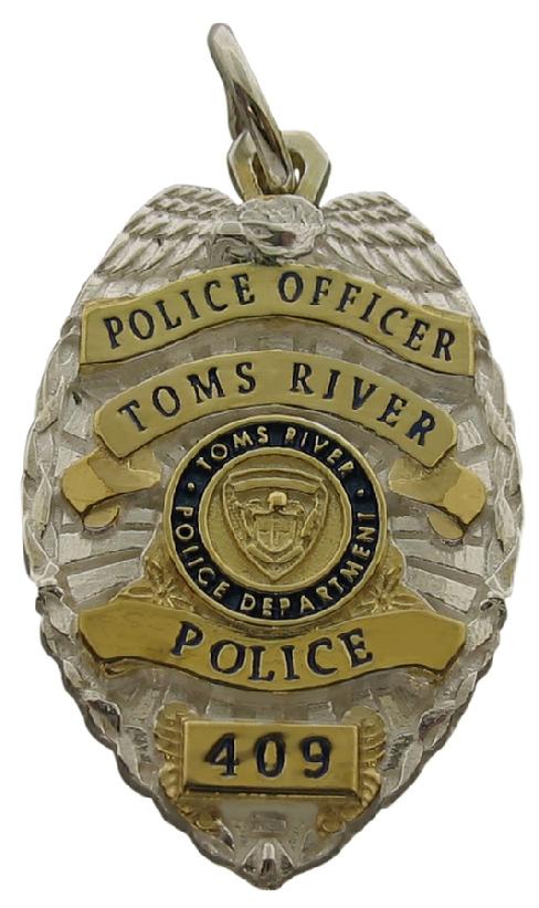 Custom Tom's River NJ Police Officer badge pendant in sterling silver with gold plated highlights, optional standing letter text with blue enamel background, enamel text.