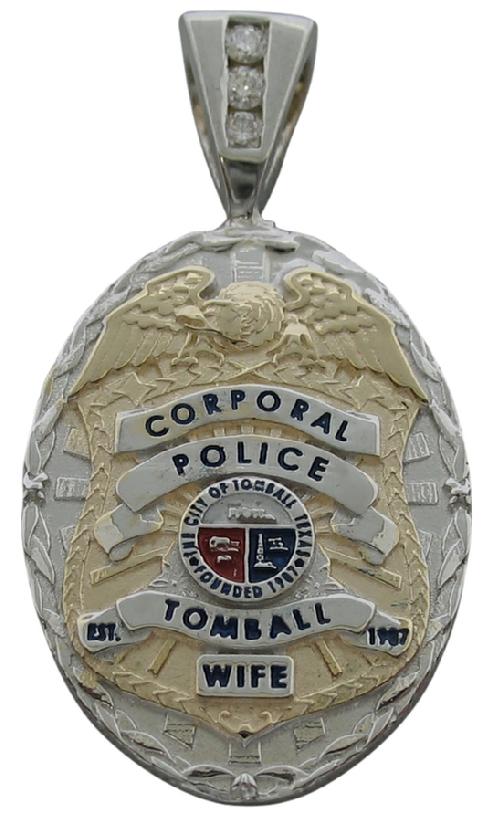 Custom Tomball, TX Police Corporal badge pendant in 10k white gold with an optional 3-diamond pendant bail and red, white, & blue enamel highlights and text.