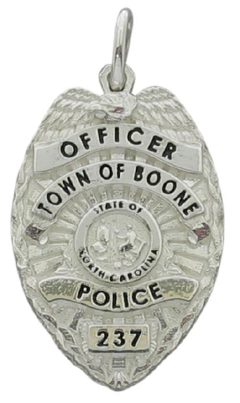 Custom Town of Boone, NC Police Officer memorial badge pendant in sterling silver with black enamel text.