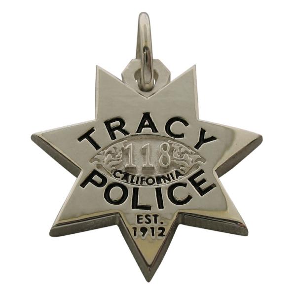 Custom Tracy CA Police Officer badge pendant in sterling silver with black enamel.