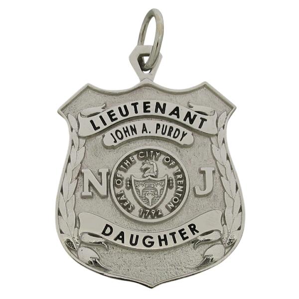 Custom Trenton NJ Police Lieutenant badge pendant in 14k white gold with black enamel.