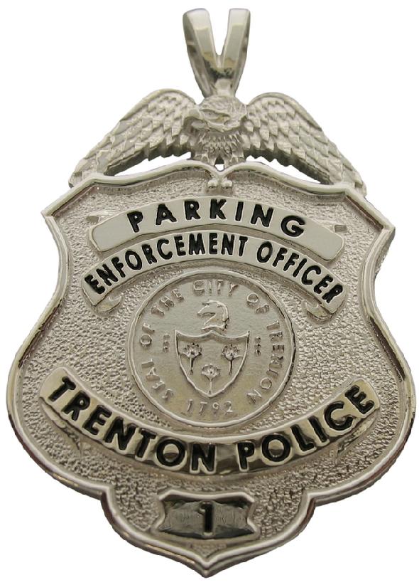 Custom Trenton NJ Police Parking Enforcement Officer badge pendant in sterling silver with black enamel text and standing letter detail.