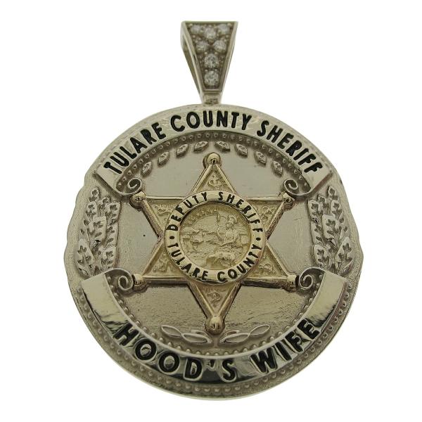Custom Tulare CA Sheriff's Deputy badge pendant in 10k white & yellow gold (assembled), black enamel, and optional 7-diamond pendant bail.