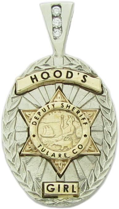 Custom Tulare County Deputy Sheriff badge pendant in 10k yellow and white gold with optional 3-diamond bail.
