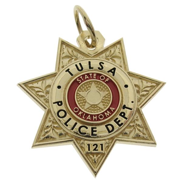 Custom Tulsa OK Police Officer badge pendant in 14k yellow gold with blue and red enamel.