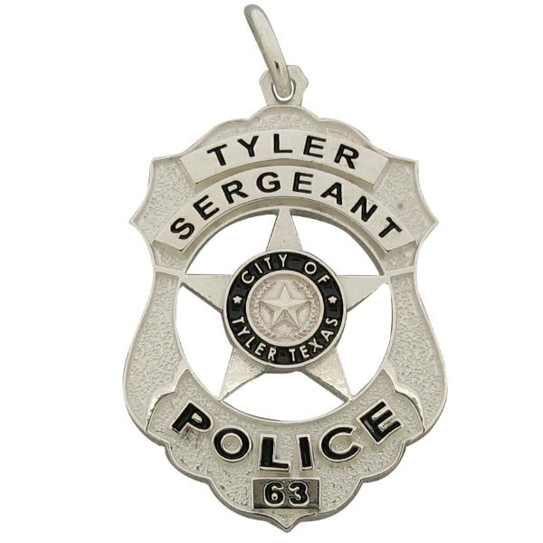Custom Tyler TX Police Sergeant badge pendant in sterling silver with black enamel.