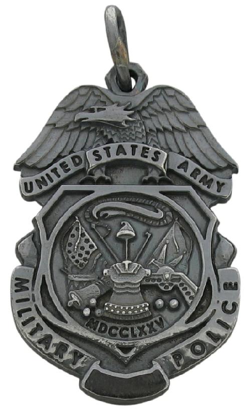 U.S. Army Military Police badge pendant in oxidized sterling silver with engraved black text.
