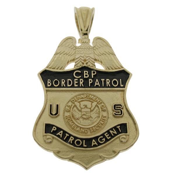 Custom U.S. Border Patrol badge pendant in 14k yellow gold with standing letter detail, black enamel, and special bail.