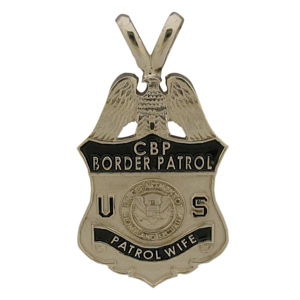 Custom U.S. Border Patrol Agent badge pendant in 18k white gold with standing letter detail, black enamel, and optional 'Y' bail.
