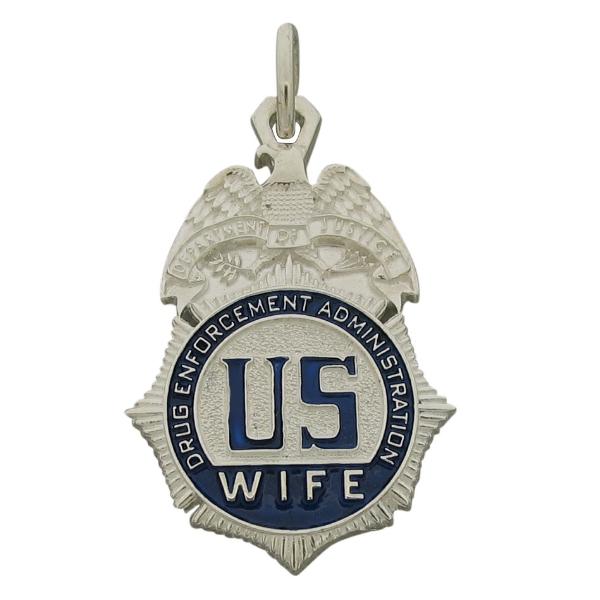Custom U.S. Drug Enforcement Administration Agent's Wife badge pendant in sterling silver with blue enamel.