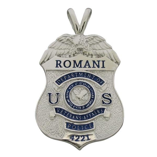 Custom U.S. Department of Veterans Affairs Police Officer badge pendant in 10k white gold with optional 'Y' bail.