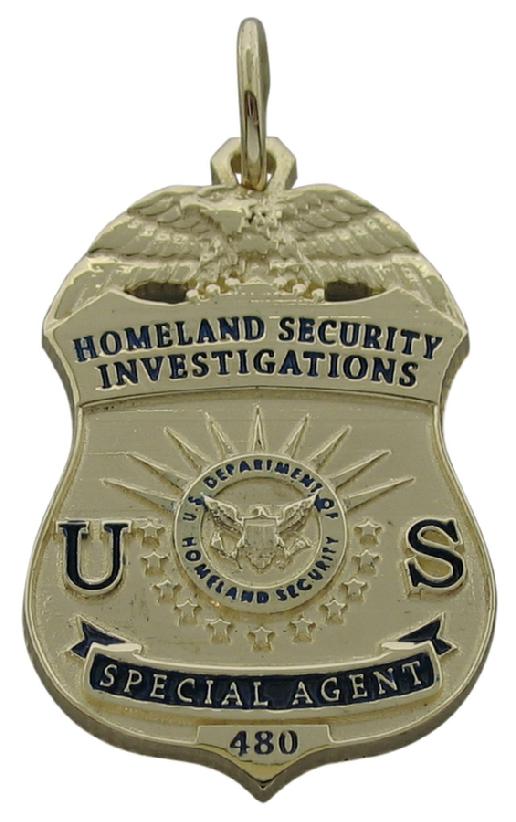 Custom U.S. Department of Homeland Security (DHS) Special Agent badge pendant in 10k yellow gold with blue enamel text and background for raised letters.