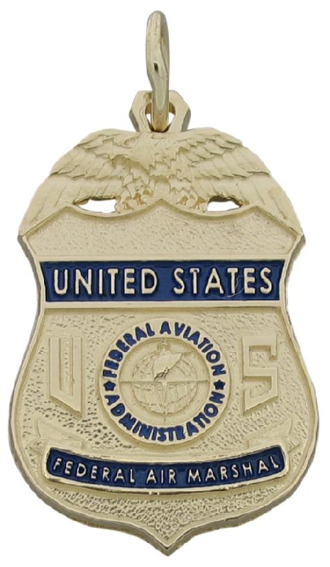 Custom U.S. Federal Aviation Administration Air Marshal badge pendant in 14k yellow gold with standing and engraved text. Blue enamel background and text color.