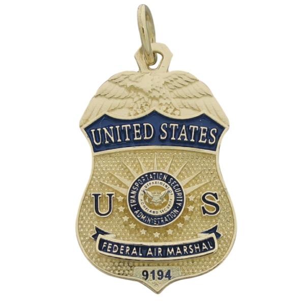 Custom U.S. Transportation Security Administration Federal Air Marshal badge pendant in 14k yellow gold.