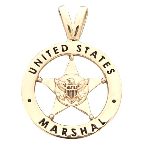 Custom United States Marshal badge pendant in 14k rose gold with black enamel text and optional 'Y' bail.