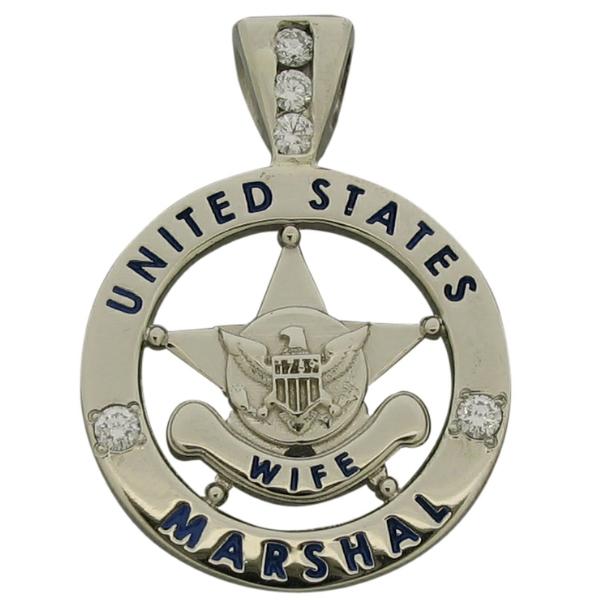 Custom U.S. Marshal badge pendant in 10k white gold with 2 round brilliant side diamonds and a 3-diamond bail.