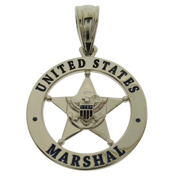 Custom U.S. Marshal badge pendant in 10k white gold with domed 'Y' bail.