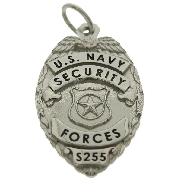 Custom U.S. Navy Security Forces badge pendant in 14k white gold with black enamel.