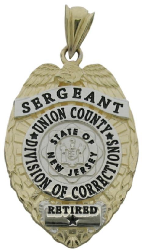 Custom Union County (NJ) Division of Corrections Sergeant badge pendant in 10k yellow gold with rhodium plated ribbons and center detail and black enamel text.