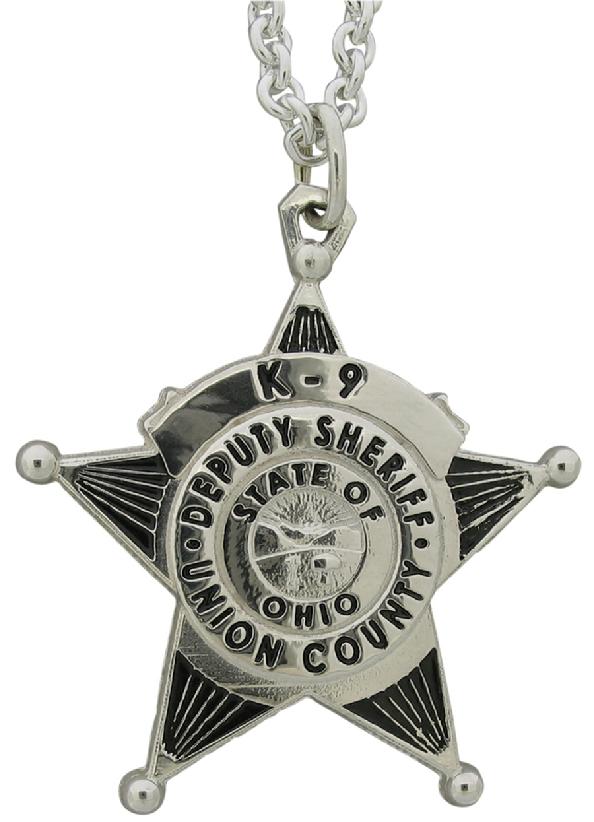 Custom Union County (NJ) Sheriff's K9 badge pendant in sterling silver with black enamel and sterling silver chain.