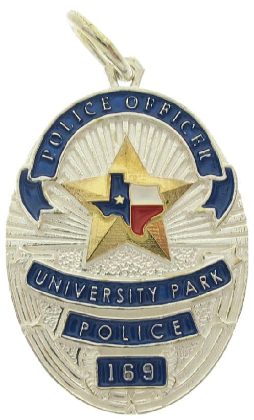 Custom University Park TX Police Officer badge pendant in sterling silver with gold plated finish, standing letter detail, and red, white, and blue enamel.