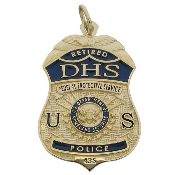 US Department of Homeland Sercurity Police Officer badge pendant in 14k yellow gold with blue enamel.
