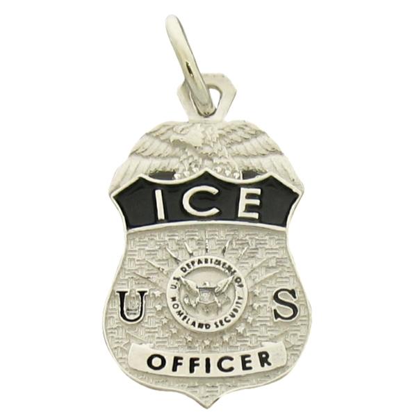 Custom United States Department of Homeland Security ICE Officer badge pendant in sterling silver with black enamel text and highlights.